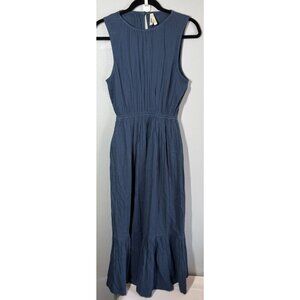 PACT Womens Organic Cotton Coastal Double Gauze Tiered Midi Dress Small Blue